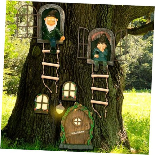 7 Pcs Fairy Garden Accessories Tree Hugger Gnome Statue Fairy Door Window Set
