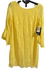 Sangria Banana Yellow Lace Sheath Dress Women’s Size 12 Midi Bell Sleeve