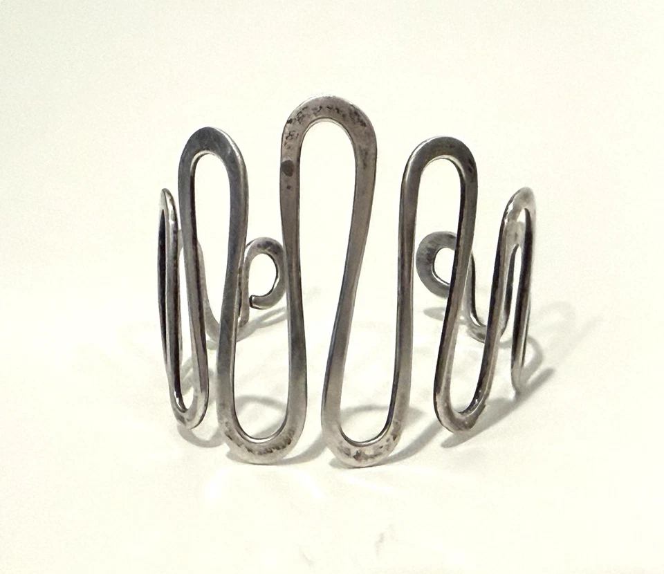 Ed Levin Sterling Silver Bangle Bracelet Wavy Benn VT Signed Modernist Cuff - Image 3 of 4