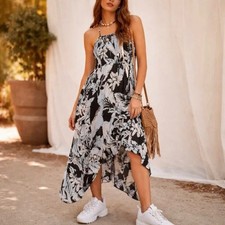 Intimately Free People Floral Smocked Maxi Dress Navy Blue Handkerchief Hem M