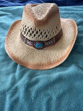 Paper Straw Western Cowboy Hat with Beaded Turquoise Used