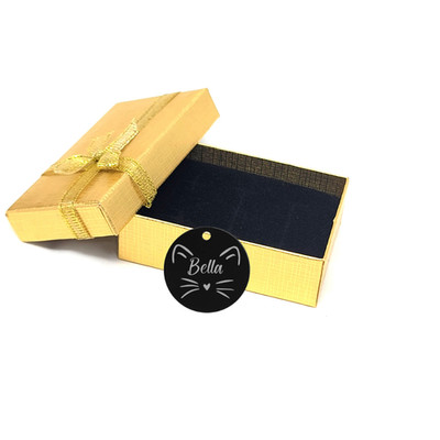 Personalized Engraved Cute Cat Face with Name Round Black Tag for Pet Mom & Dad