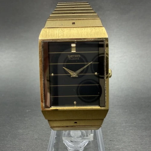 Seiko Tank Watch Men 26mm Black Dial Gold Tone Rectangle 5Y30-5349 New Battery