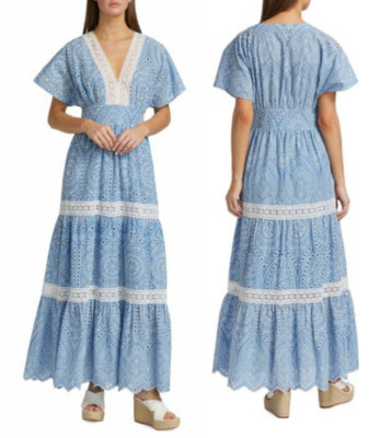Elie Tahari cotton eyelet tiered cottagecore maxi dress in Lotus blue sz 8  $495 | eBay