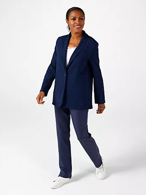 Kim & Co Ponte Crepe Button Front Pocket Blazer  jacket size medium navy