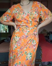 Orange Floral Wrap Dress Midi 12 Cross Over Tie Buttons Colourful Summer