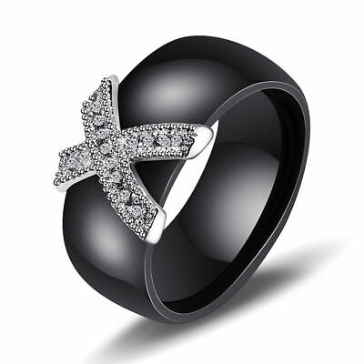 Bague Ring Femme Céramique Noir Diamant motif X Couple Mariage Modèle 73