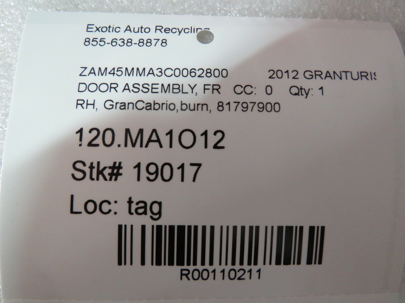 Maserati GranCabrio Convertible, RH, Right Door Shell, Used, P/N 81797900