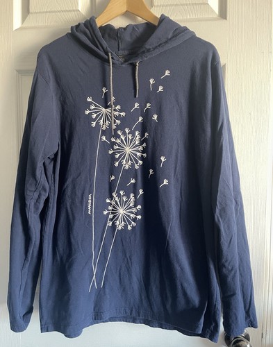 Marushka Dandelion Hoodie Shirt Women’s Large Blue White Drawstrings 100% Cotton