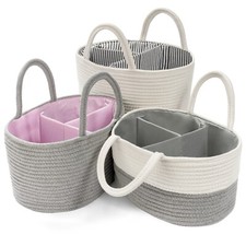 BABY BASKET WITH DIVIDER-White Outside Color Inside Color Gray and White Striped
