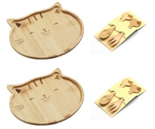 Bamboo Food Snack Plate Tray Kitty Cat Design and Kids Spoons Forks 4572 4582x2