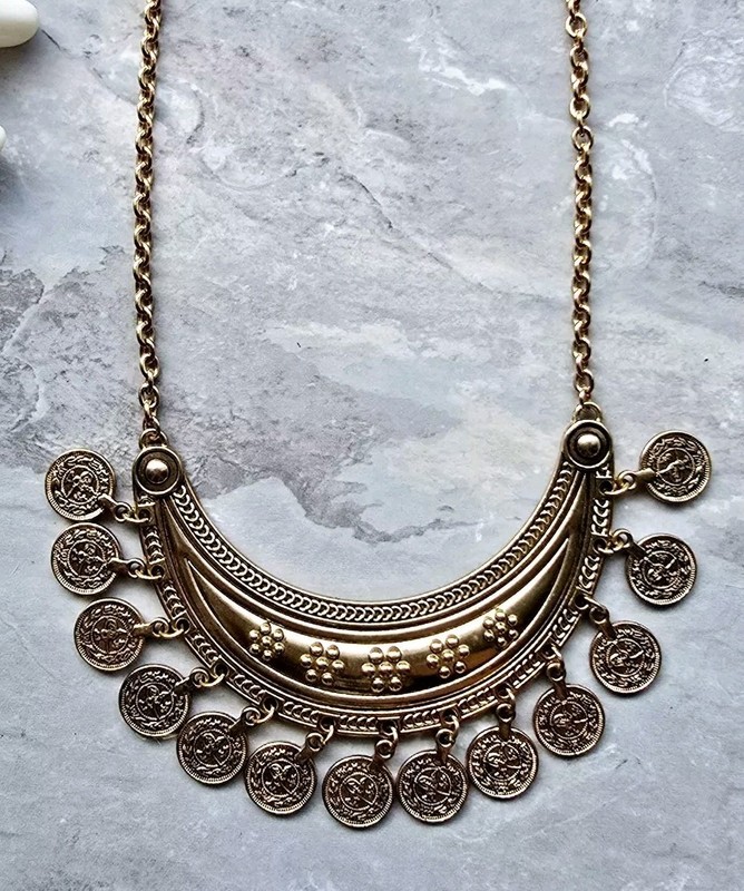 Quality Turkish Style Gold Tone Bib Statement Necklace Coin Charm Dangles Adjust