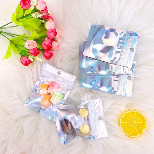100PCS Holographic Rainbow Zip Lock Bags Clear Zip Seal Mylar Bags Foil Pouches - Picture 5 of 16