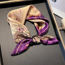 100% Mulberry Silk 20'' Small Scarf Women Neckerchief Wrap Purple Beige Contrast