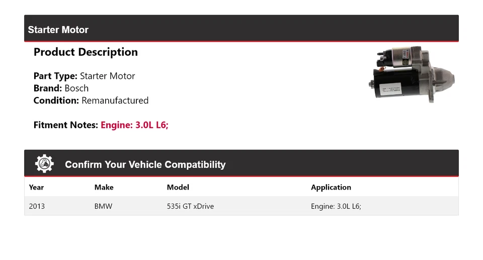 For 2013 BMW 535i GT xDrive 3.0L L6 Bosch Starter (Remanufactured) - Image 2 of 4