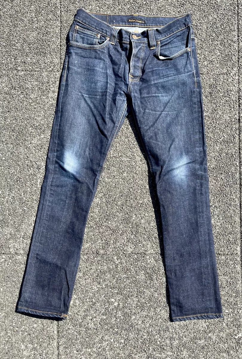 Nudie 33x32 Grim Tim Dry Open Navy Organic Cotton Button Fly Raw Denim Jeans