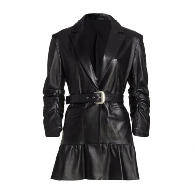 knee length dresses for ladies Women's Black Faux Leather Blazer Dress – Long Sleeve Belted Mini Dress for  Stylish Night Out main image 1