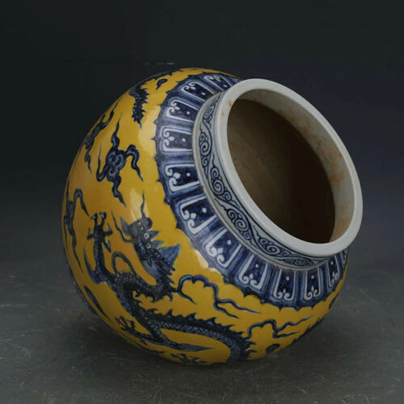 Tarro de porcelana chino azul y blanco de 10,8" esmalte amarillo Ming Xuande Dragon Pot Foto 4 de 4