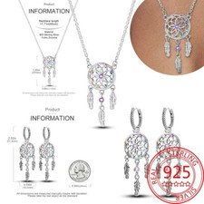 Dream catcher Real 925 Sterling Silver Set Necklace Earrings Women Daily Gift