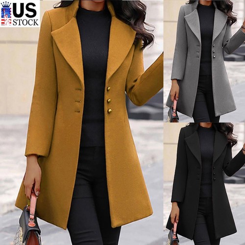 Women's Trench Coat Button Long Jacket Overcoat Winter Warm Slim Outwear  Tops US | eBay