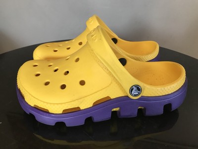 purple and yellow crocs