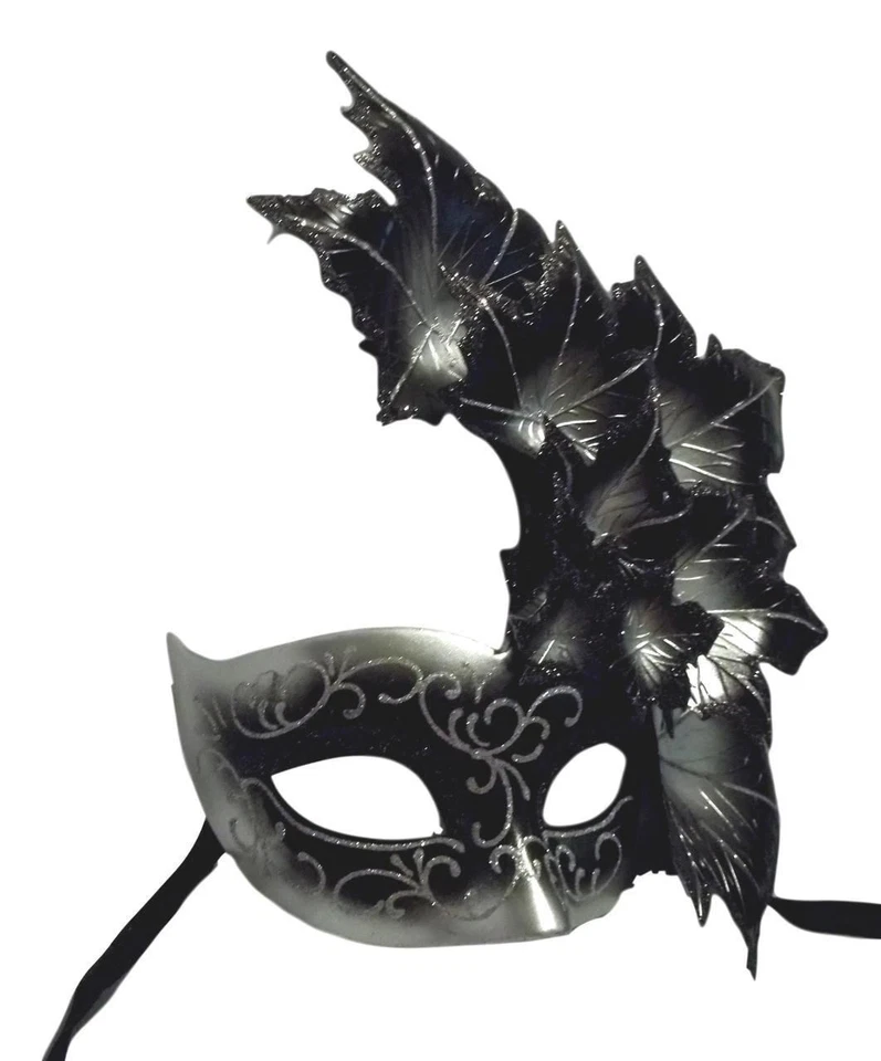 Black Silver Leaf Cascade Mask Masquerade Prom Mardi Gras - Image 2 of 2