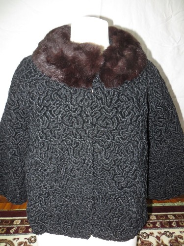 Women's Black Persian Lamb Fur Red Brown Large Mink Collar Jacket Coat Small EUC - Picture 1 of 9