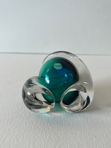 Hand-Blown Art Glass Sculpture – Emerald & Cobalt Paperweight 3” Modern Decor - Picture 5 of 5