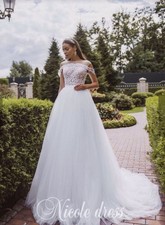 Nicole Dress White Off-Shoulder Lace Tulle Ball Gown Wedding Dress with Train