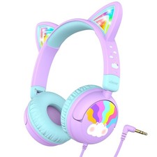 Kids Headphones Cat Ear LED Light Up 85dB Safe Volume Wired Purple