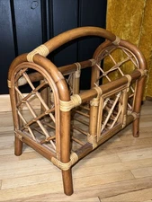 VTG Rattan Magazine Rack Bamboo Lattice Boho Mid Century Coastal Records Tiki