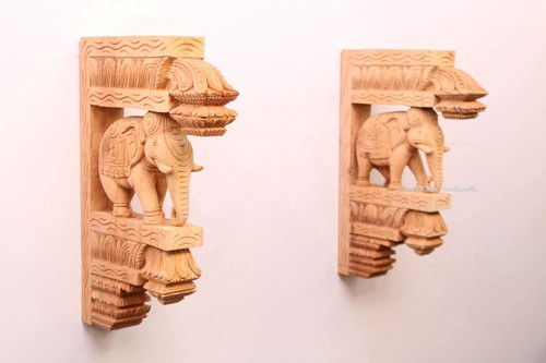 Wooden Corbel Wall Bracket Indian Elephant Statue Entry Way Decor Lamp Hanger - Picture 3 of 6