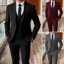 Men's Regular Fit 3 Piece Pinstripe Suit Waistcoat Wedding Business Formal Set