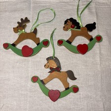 Vintage Kurt Adler Lot Of 3 1980s Wood Rocking Horse Christmas Ornaments