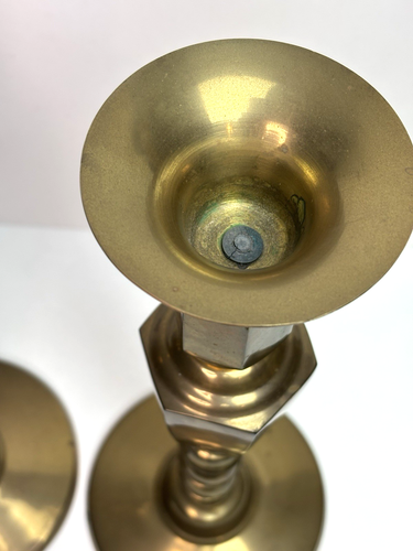 Juego de candelabros antiguos vintage estilo push-up de latón altos grandes ornamentados 15,75" - Imagen 10 de 20