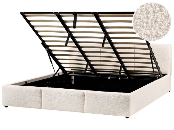 Bett Bouclé Cremeweiß Mit Hohem Kopfteil Lattenrost 180X200 Cm Bettkasten Bousse-image