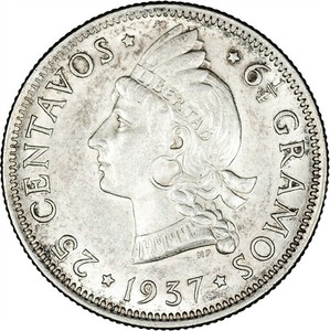 Dominican Republic 1937 25 Centavos LUSTROUS UNC