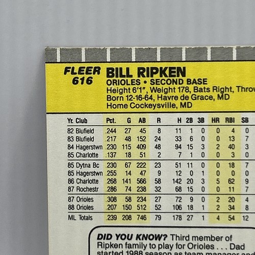 Carta Baseball Bill Ripken FF Black Box Error 1989 Fleer #616 ottime condizioni - Foto 7 di 10