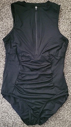 Women's Black 14 Swimsuit 1 PC Top High Neck Zip Front Lands' End S1129