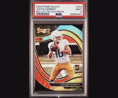 2020 PANINI SELECT DIE-CUT TIE-DYE PRIZM #344 JUSTIN HERBERT 14/25 PSA 9