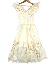 English Factory Midi Dress Women XS Beige Ruffle Neck Sleeveless Peasant Cottage