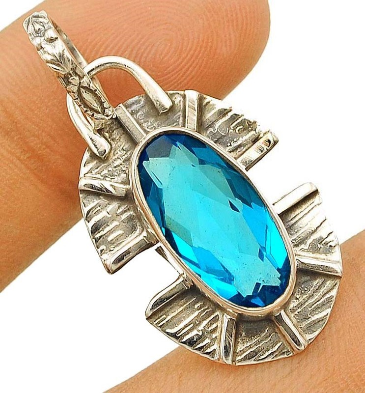Natural 3CT Flawless Blue Topaz 925 Sterling Silver Pendant 1 2/3" Long @1-5