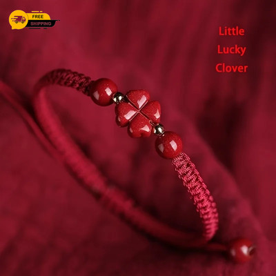 Geflochtenes rotes Glückskordelarmband - vierblättriges Kleeblatt Frieden & Glück Charm