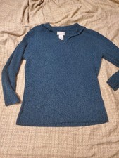 WORTHINGTON ESSENTIALS SWEATER Large Stretch Ribbed  Unusual Collar Teal Black