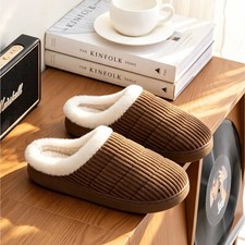 Men's Corduroy Fleece Slippers Anti-Slip Sole Plush Lined Warm House Shoes