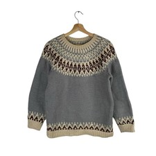 VTG Handknit Icelandic Style Wool Sweater Ice Blue/Black M EXC Nordic