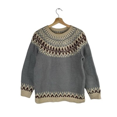VTG Handknit Icelandic Style Wool Sweater Ice Blue/Black+ M EXC Nordic