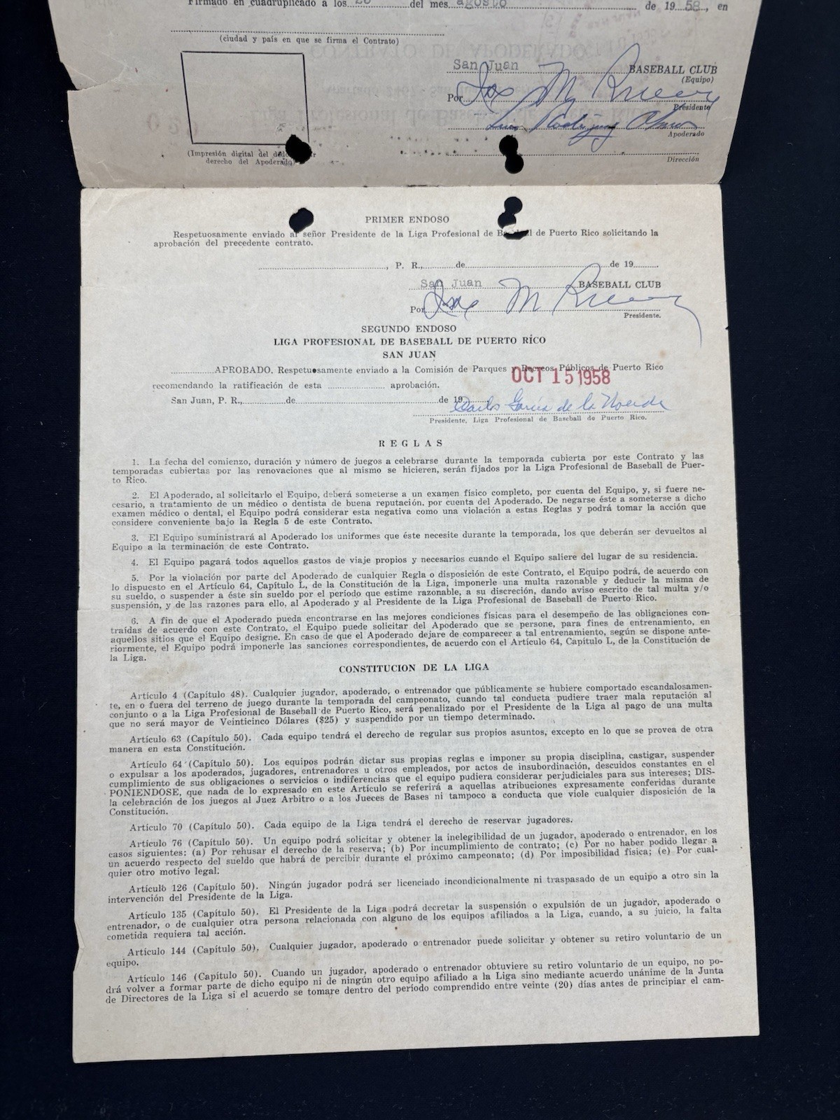 L@@K PUERTO RICO CONTRACT  1958-59 BASEBALL  LUIS RODRIGUEZ OLMO SIGNED