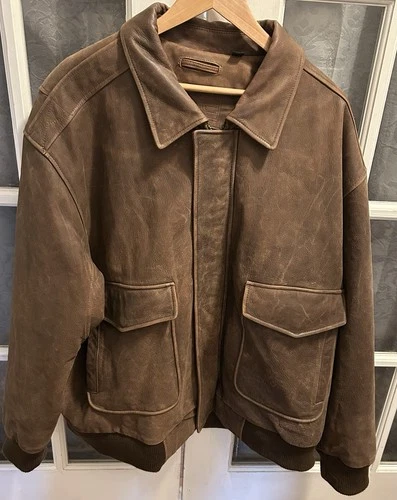 Roundtree & Yorke Men's Brown Genuine Leather Bomber Jacket Lined Zip 3XL image 2