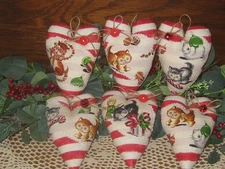 Vintage Look Christmas 6 Cat Hearts Tree Ornaments Wreath Accents Handmade Gift